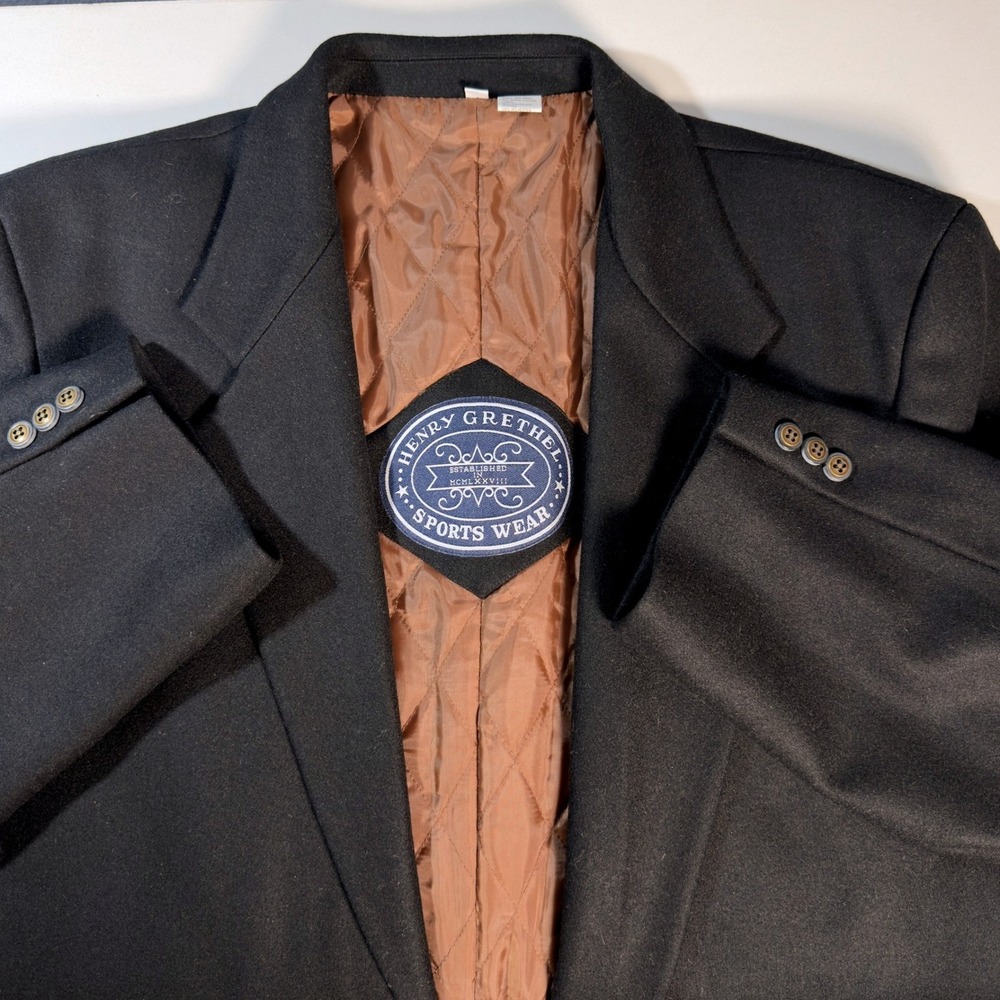Henry Grethel Sport Coat Mens Large Black Vintage Wool Blend Quilted Blazer